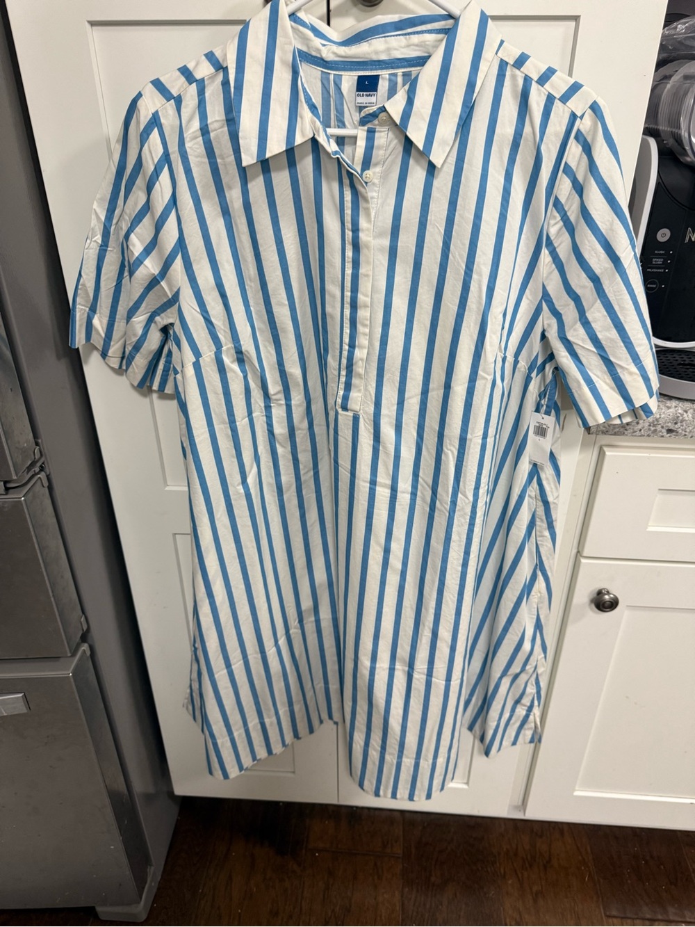 Old Navy Dress Blue & White Vertical Stripe Short-Sleeve Button Down Dress